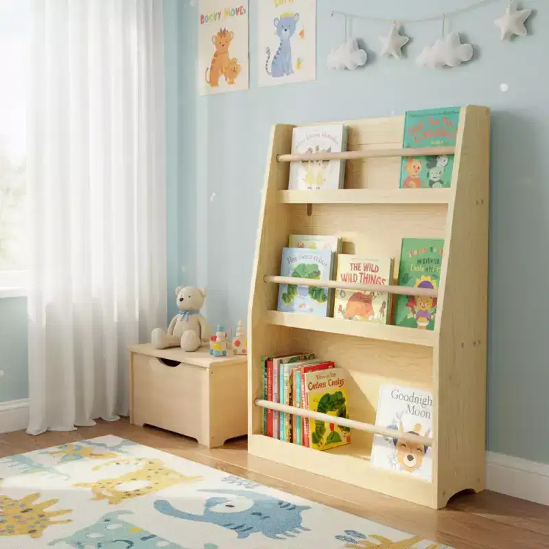 Homy Casa Kids 3-Tier Front-Facing Bookshelf for Playroom or Bedroom, Natural