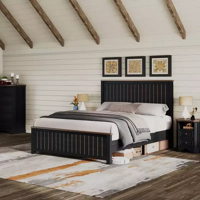 Farmhouse Bed Frame with 47 Tall Headboard and Sliding Barn Doors