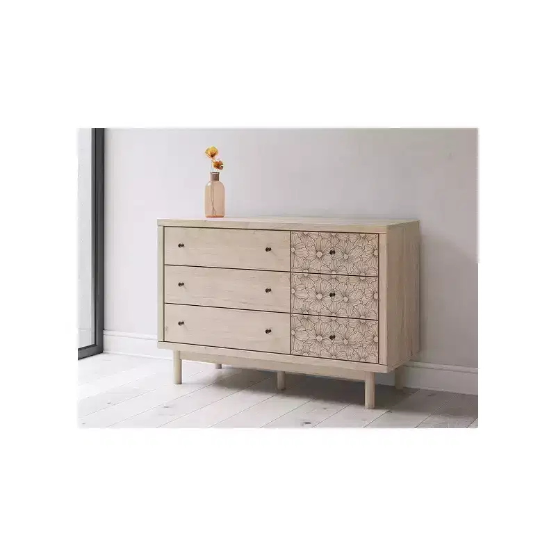Signature Design by Ashley Birkmore 6-Drawer Dresser, Light Oak Finish with Floral Accents, Tan
