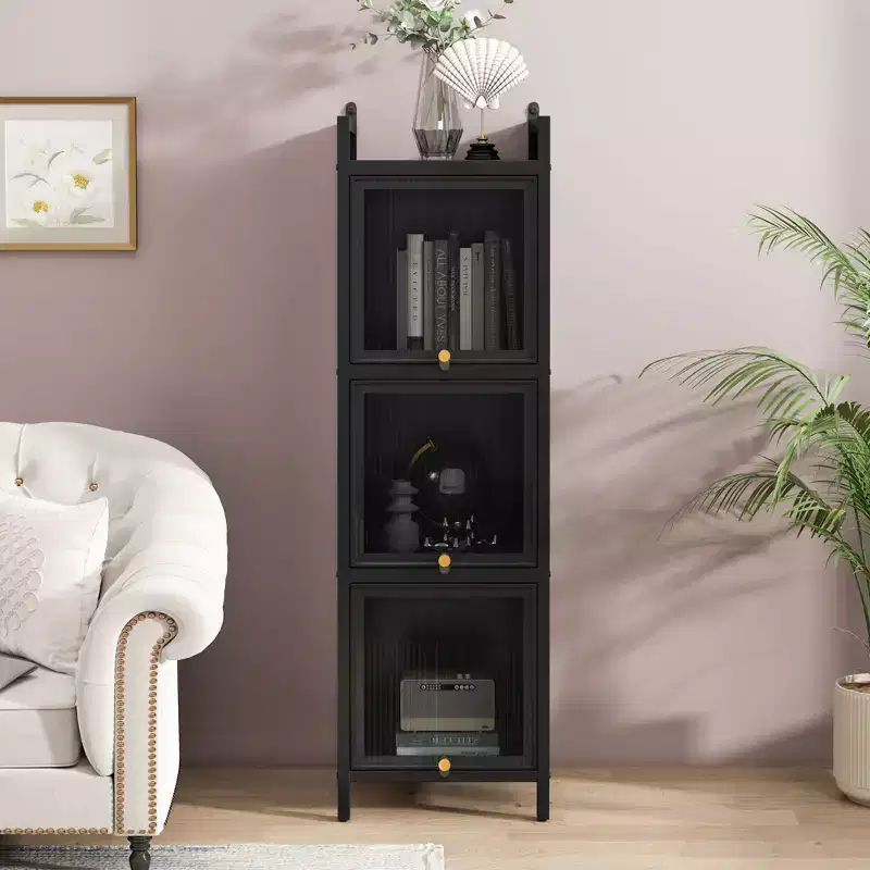 Black / Dark Green Iron Storage Cabinet with Glass Doors, 3-Tier / 4-Tier, for 1 Person Use