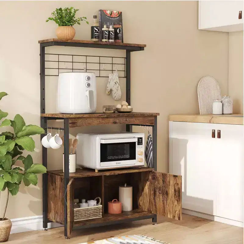 Height-Adjustable Microwave Stand Baker's Rack with Cabinet, Hooks & Wheels, Kitchen Storage