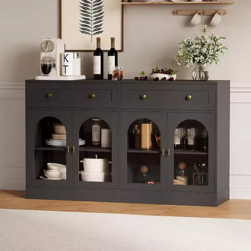 55 Inch Wide Sideboard Buffet Cabinet with 4 Acrylic Doors & 2 Drawers, Farmhouse Kitchen Storage Cabinet, Wooden Console Table for Home Office