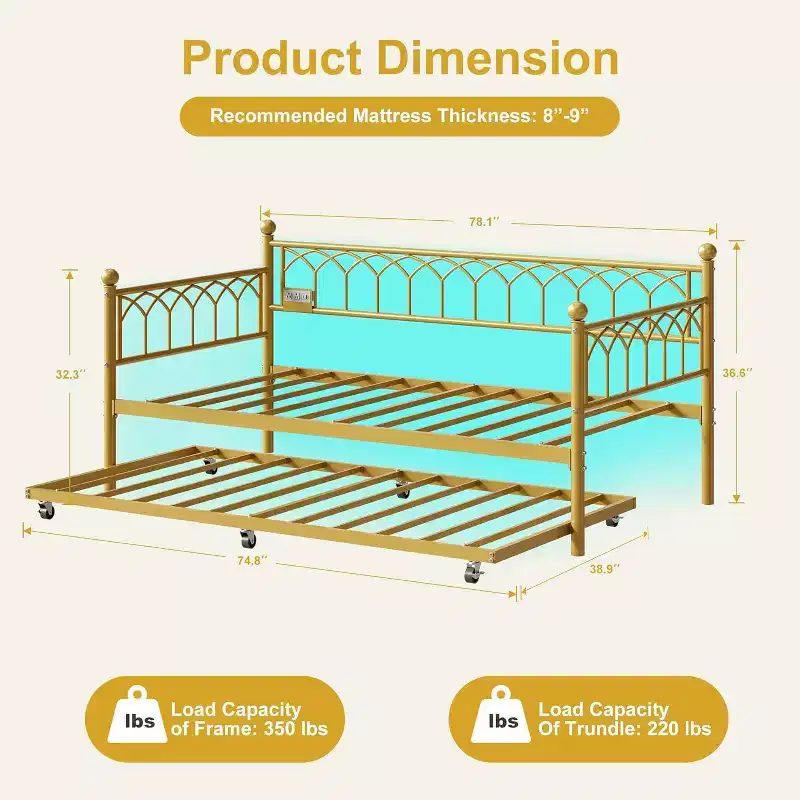 Acekool Twin Size Daybed Frame with Trundle, Metal Platform Sofa Bed with Charging Station, Space-Saving Guest Bed for Bedroom, Living Room