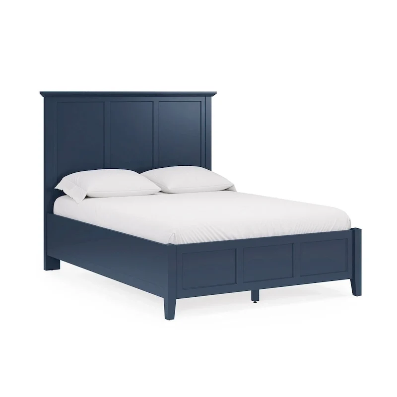 King Solid Wood Bed – Blue, Three-Panel Headboard, Crown Molding, Mahogany, Sleeps 1