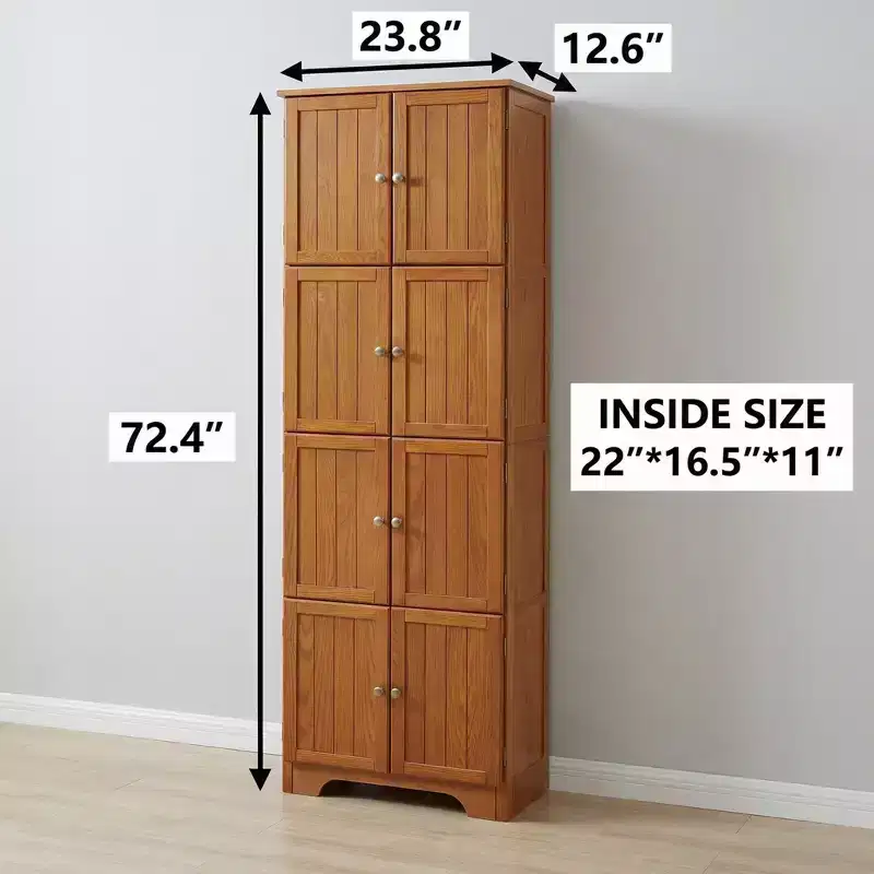 JVNOXK 72.4 Oak Freestanding Tall Storage Cabinet with 8 Doors & 4 Shelves for Home