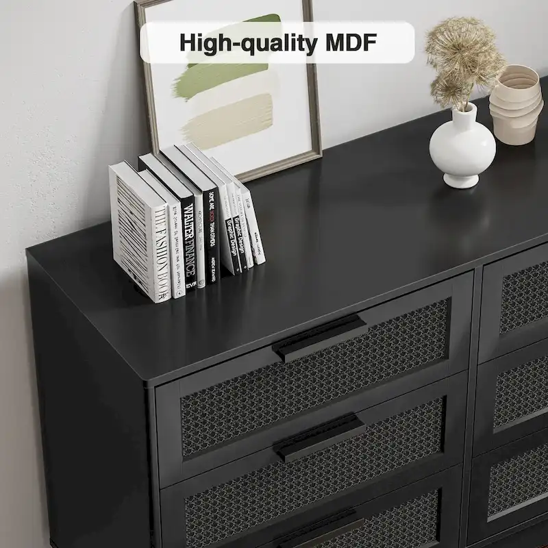 Modern Black 6-Drawer Double Dresser, Wood Rattan Chest of Drawers