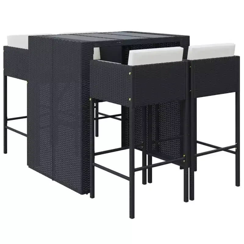 vidaXL Patio Bar Set 5 Piece Wicker Table and Stool with Cushions Poly Rattan - Black
