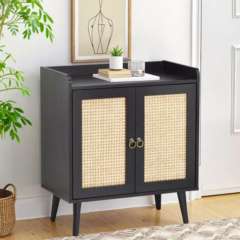 MAYEERTY 59x15x31 Inch Black Rattan Sideboard Buffet Liquor Bar For Dining Room Hallway