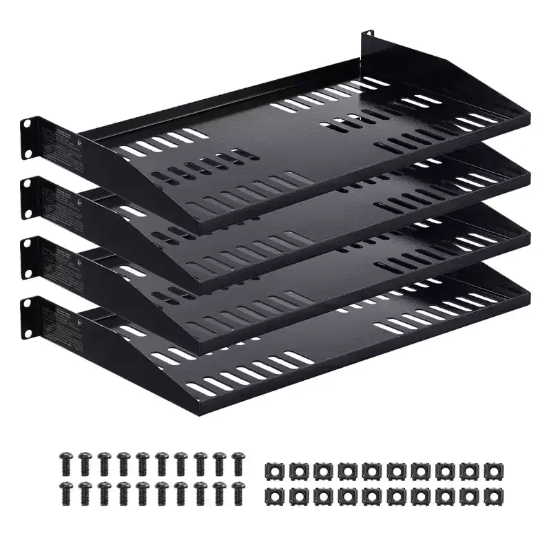 1U Server Rack Shelf, 4 PCS, 50 lbs Vented Cantilever, Wall Mount or Rack Mount Shelf with Tray, 10 in Depth, Black