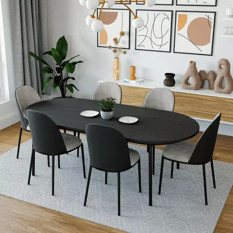 LeisureMod Tule 7-Piece Dining Set in Steel Frame with 6 Upholstered Seat Dining Chairs and 71 Oval Dining Table with Wood Tabletop
