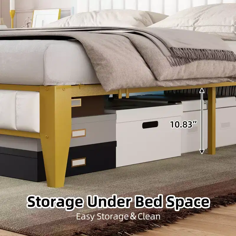 Upholstered Bed Frame with LED Lights | USB Charging Station & Storage | White & Gold Design | Noise-Free Metal Slats | Easy Assembly