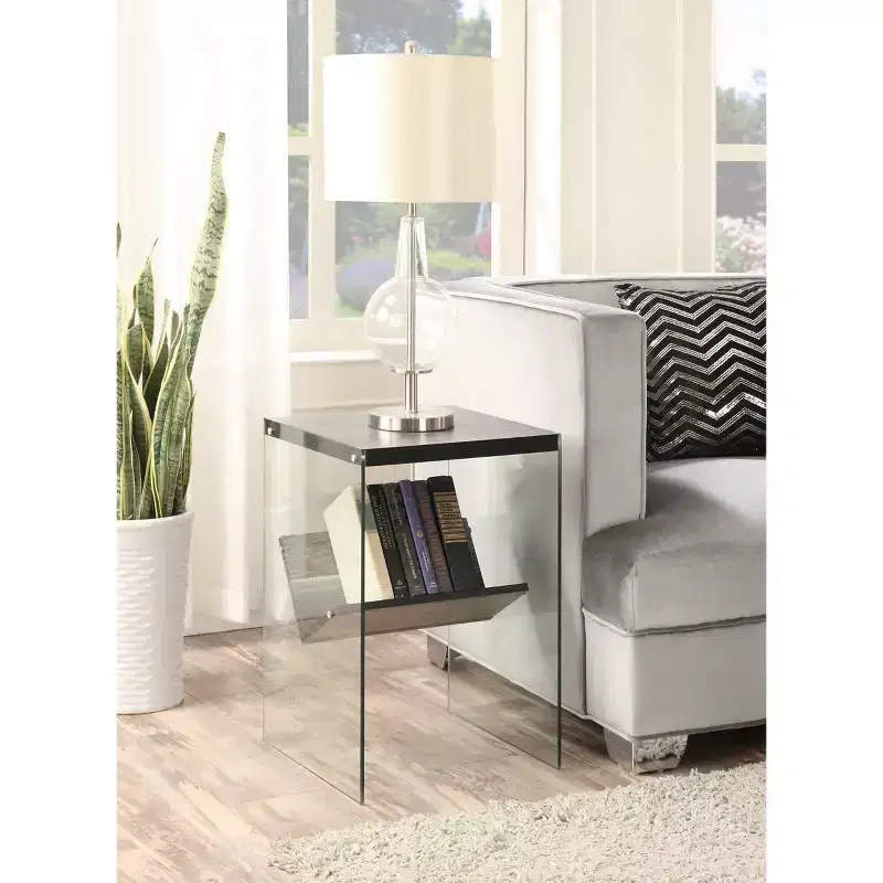 Minimalist Glass End Table with Lower Shelf and Clear Side Panels