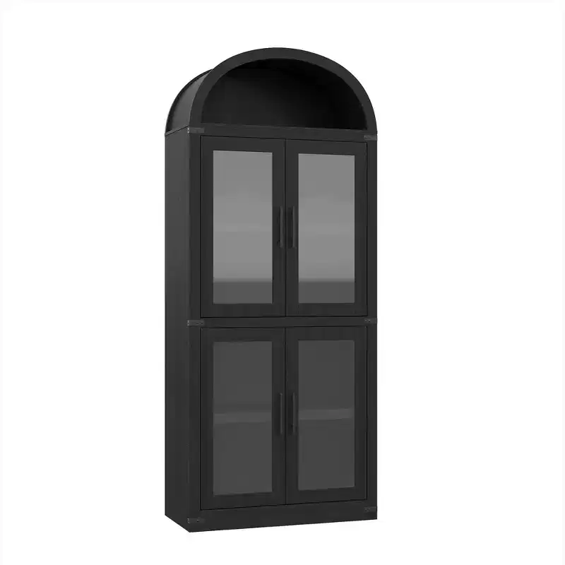 CuisinSmart 72in Tall Arched Bookshelf, Modern Farmhouse Bookcase with 4 Glass/Wood Doors & Open Shelf, Freestanding Display Cabinet Organizer