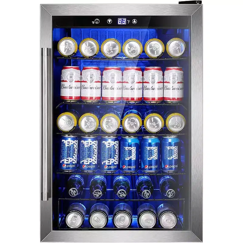 ZAFRO 145 Can Beverage Fridge, 4.4Cu.Ft Cooler with Adjustable Thermostat & Glass Door for Beer/Wine, Bar/Office