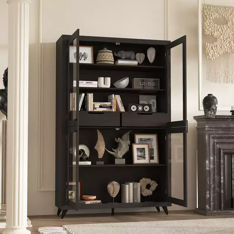 Famapy Black Modern - Style Bookcase with Magnetic - Suction Glass Doors and Internal Drawers