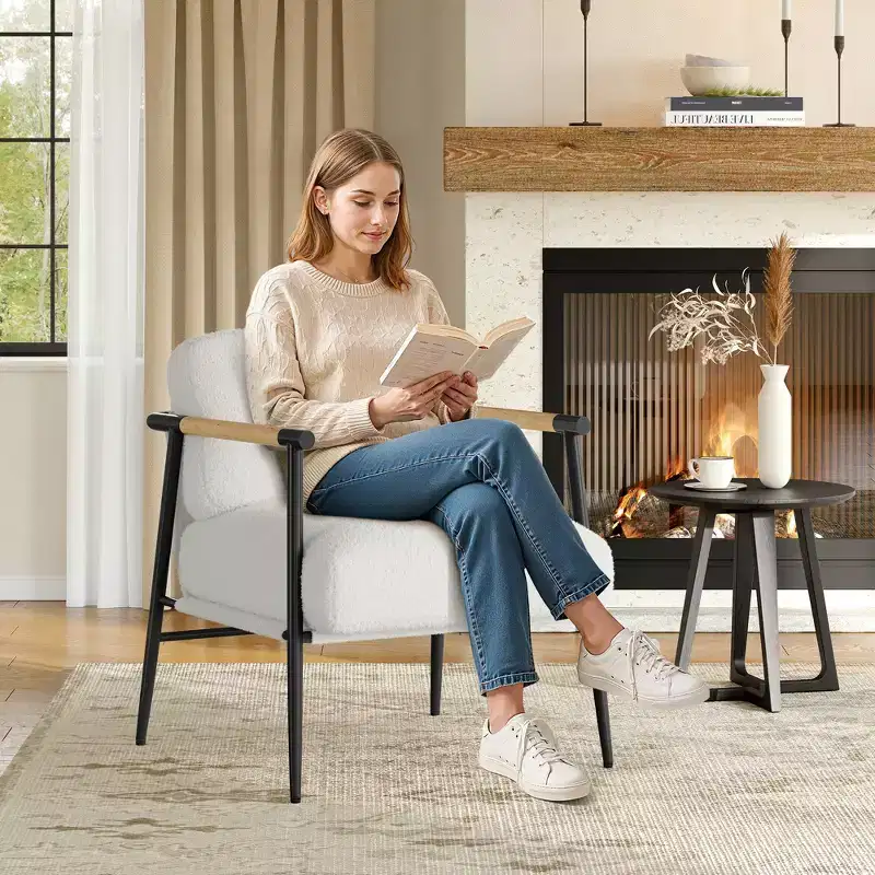 Modern Accent Chair, Cozy Reading Chair Upholstered in Plush 420g Fabric, with Spring Foam Cushion, for Bedroom and Living Room, White