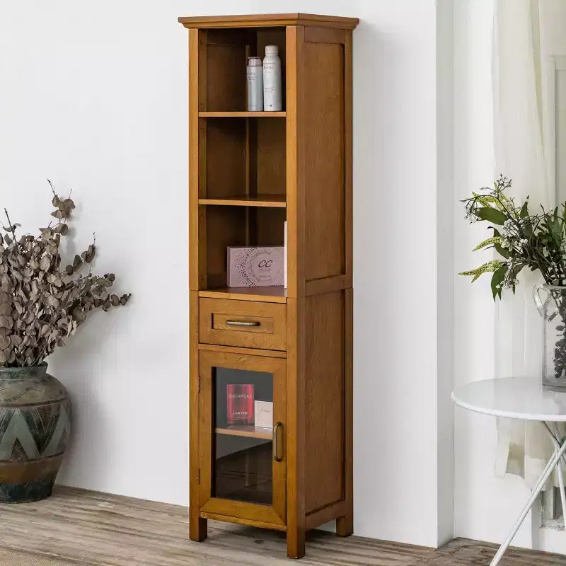 Freestanding Linen Cabinet with Glass Doors, Drawer & Shelves
