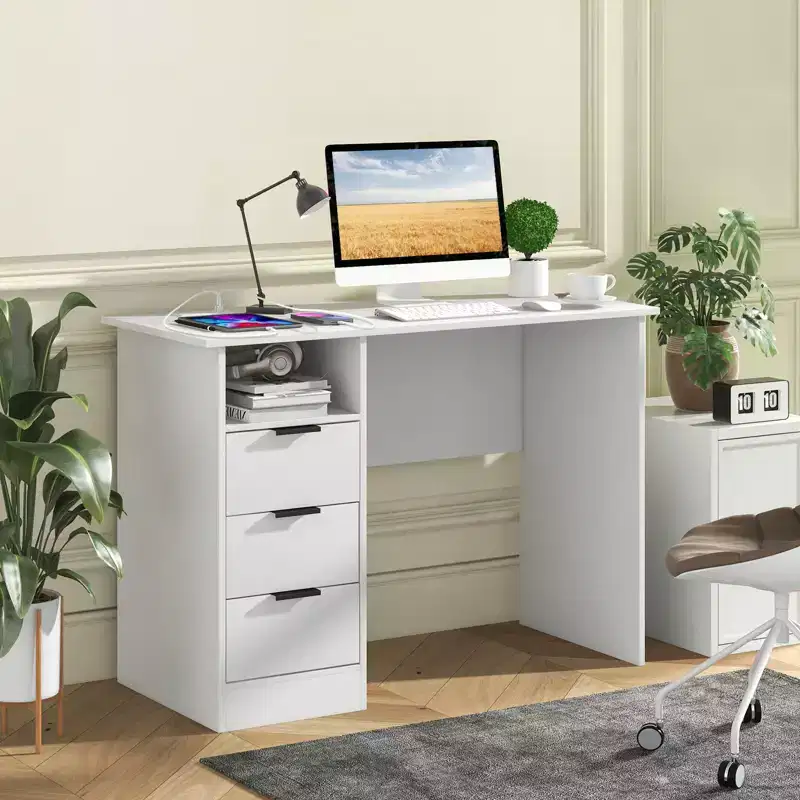 42.5 Computer Desk with Built-in Charge Station 3 Drawers & Open Shelf