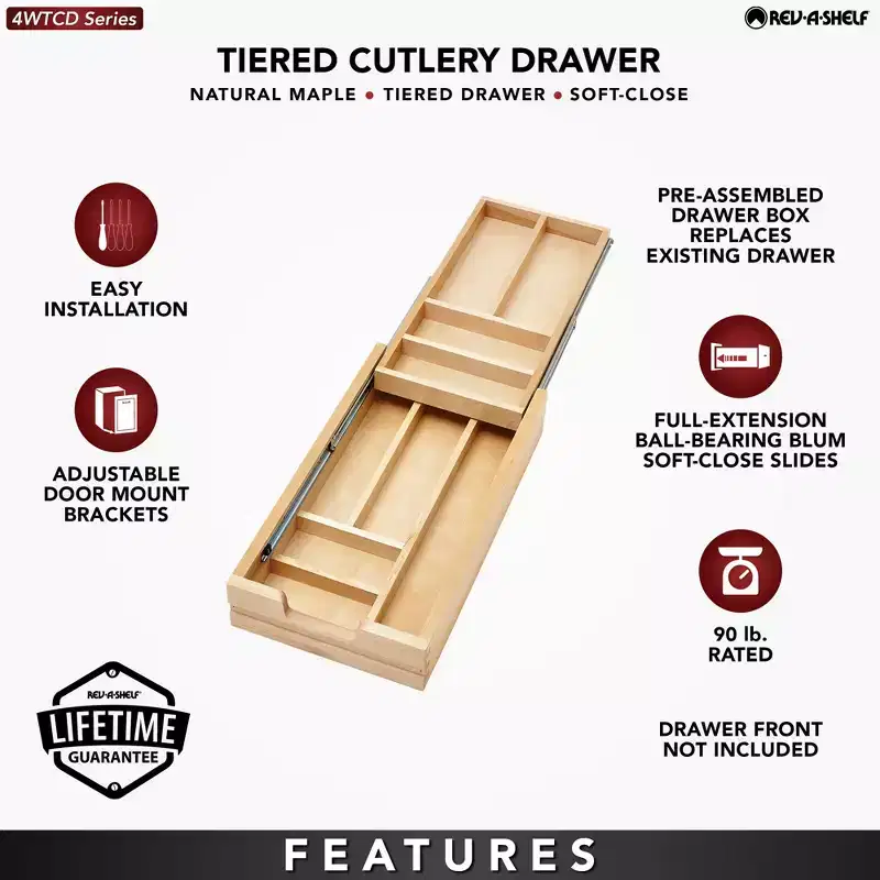 Rev-A-Shelf Kitchen Utensil & Cutlery Pullout Drawer Tray Organizer with Blumotion Soft Close Slides, Wood