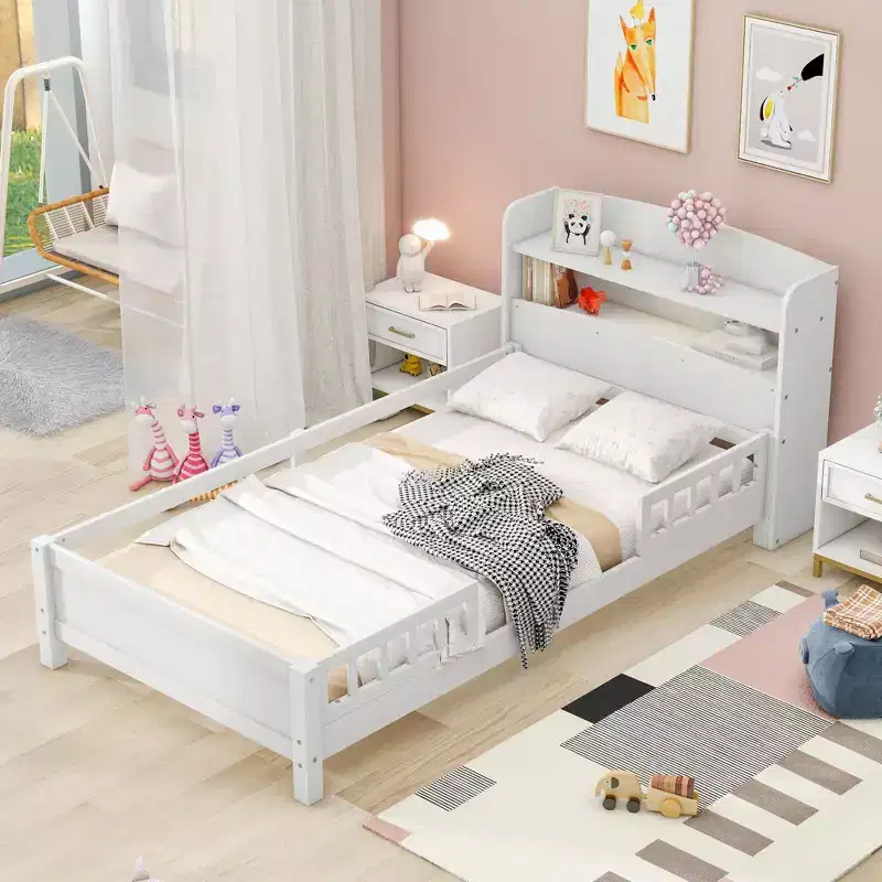 Platform Bed with Storage Shelves LED Light Headboard Guardrail, No Box Spring Needed, White Twin Size