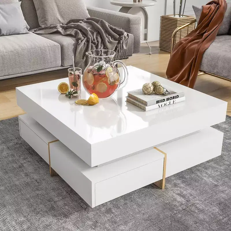 Modern High Gloss Coffee Table with 4 Drawers, Multi-Storage Square Cocktail Tea Table, White