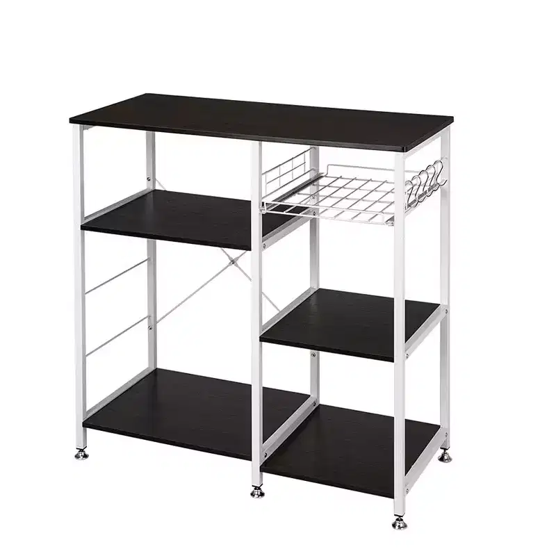Black 3-Tier Kitchen Storage Cart with Hooks & Basket