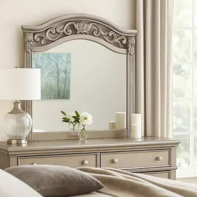Royal Hampton Dresser Mirror, Antique Silver Pine Wood, Molded Frame Detail, 37x41