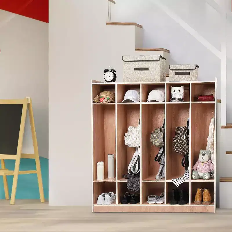 5 Section Coat Locker with Wheels,Wooden Storage Cabinet Cassroom Storage Glazed Surface Cubby,Mobile Storage,Anti-Tip Kit,5 Hooks 10 Cubbies