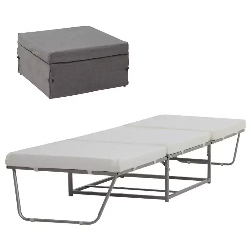 HOMCOM 2-in-1 Foldable Ottoman, Convertible Guest Sleeper Bed with Thick Padded Foam and Storage Box for Small Room, Living Room, Gray