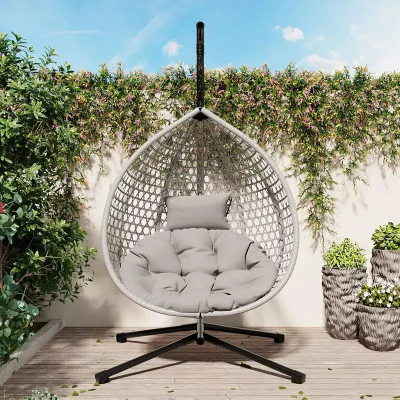 GDFStudio Anderson Hanging Egg Rattan Chair with Stand and Soft Removable Cushion