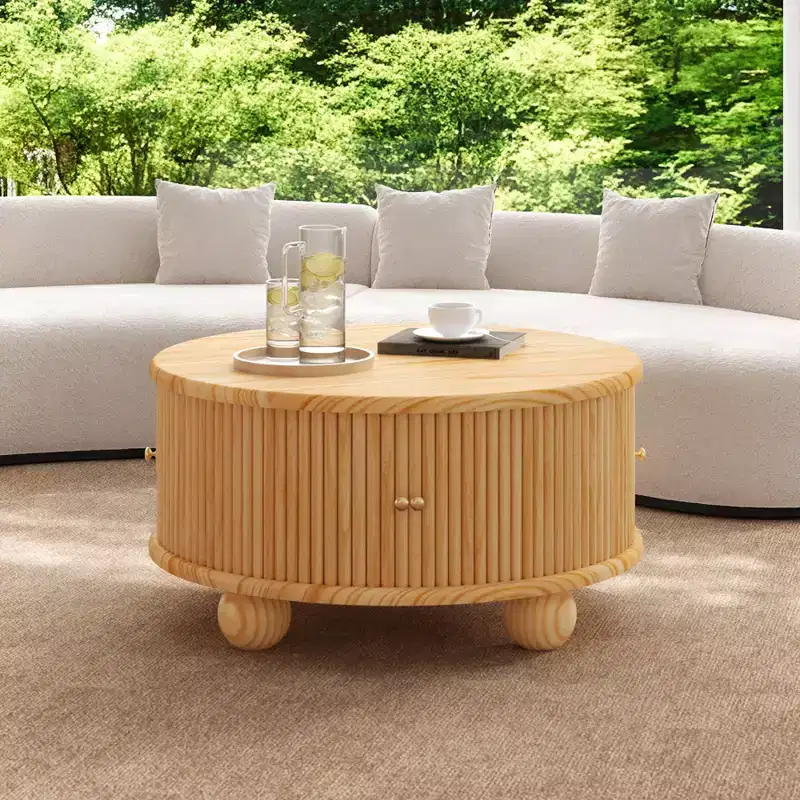 Pine Wood Round Fluted Coffee Table with Hidden Storage 31.8''W x 16.3''H