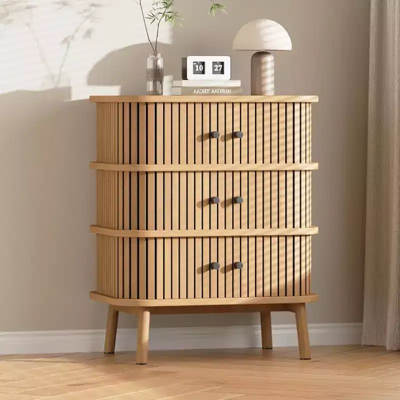 3-Drawer Mid Century Dresser, Wood Chest with Wicker Fronts & Black Handles for Bedroom, Oak
