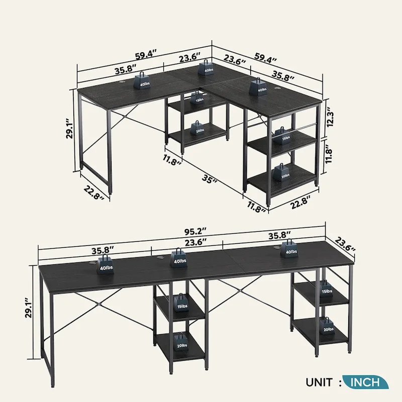 95.2 Inch L Shaped Desk with Shelves Home Office Computer Desk