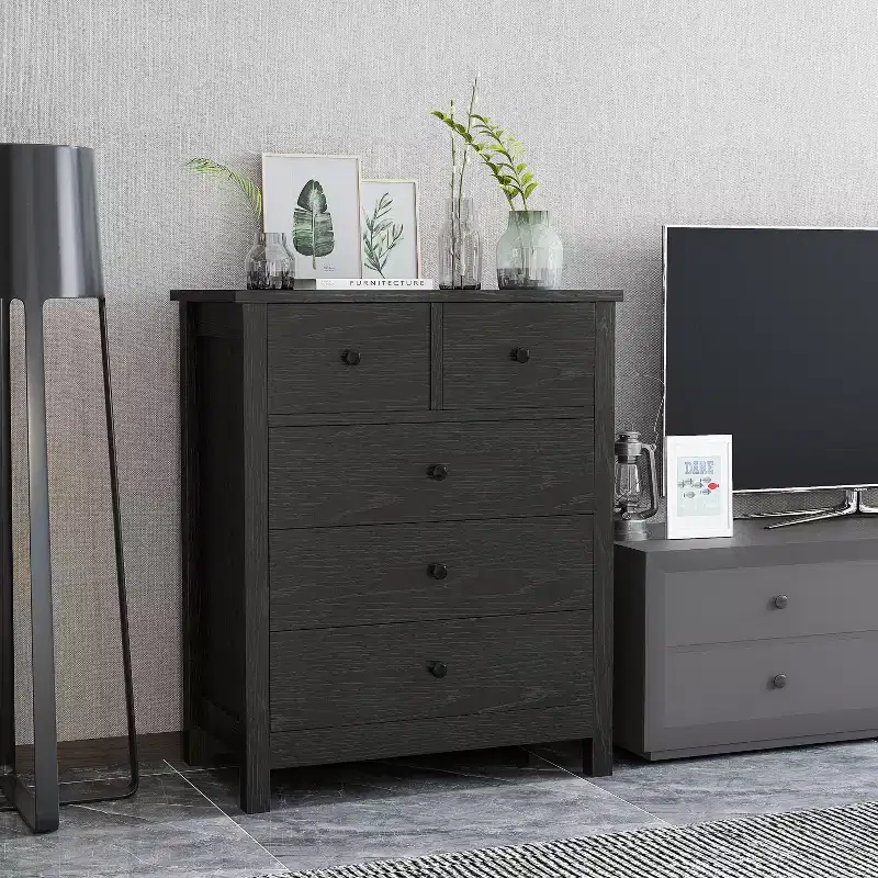 5-Drawer Fluted Dresser with Gold Metal Handles and Legs