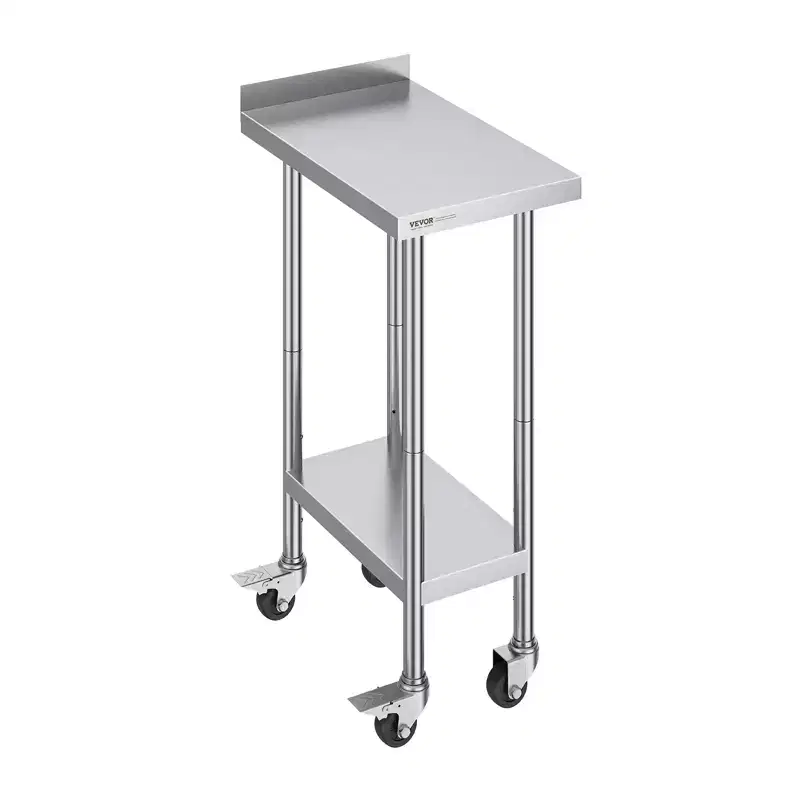 VEVOR 24 x 15 x 40 Inch Stainless Steel Work Table, Commercial Food Prep Worktable with Casters, Heavy Duty Prep Worktable, Metal Work Table