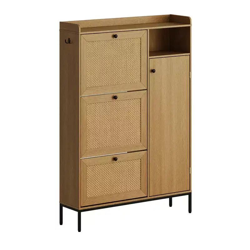 CuisinSmart 3 Tier Free Standing Shoe Cabinet with Natural Rattan, Shoe Organizer with Adjustable Shelves, Narrow Shoe Rack for Hallway, Wood