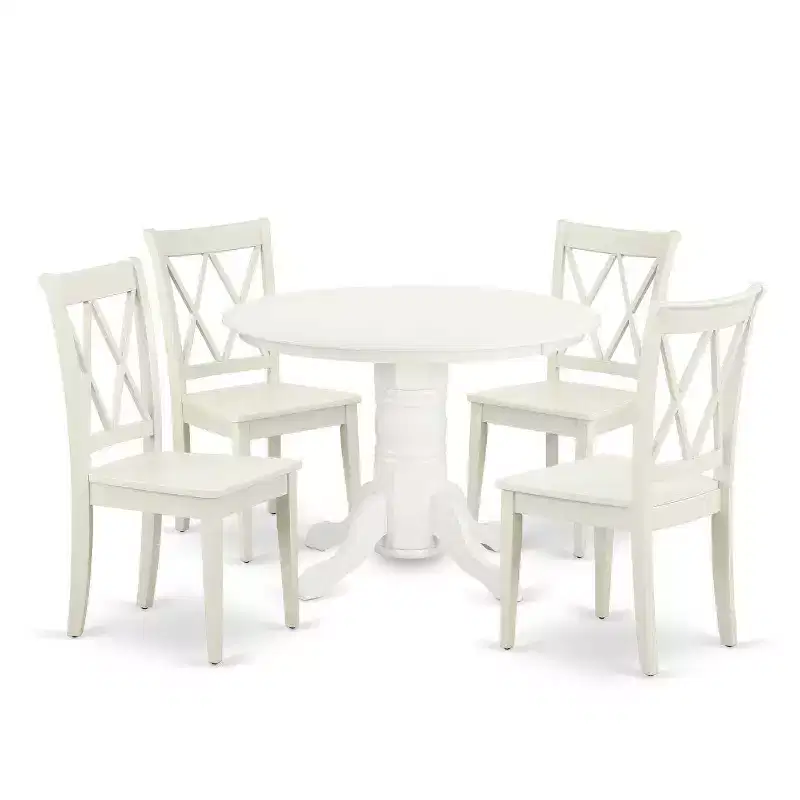 Dining Table Set for 4 - 5 Piece Round Kitchen Table with Chairs - Old World Charm - 42 Inch - Linen White