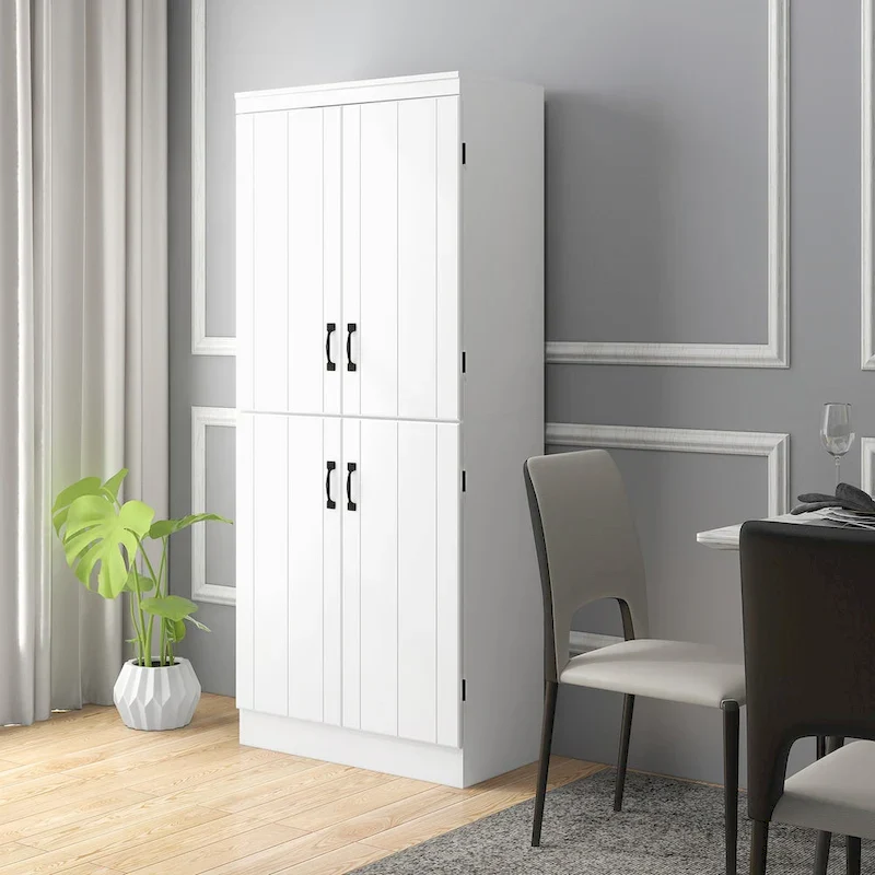 Tall Kitchen Pantry Cabinet with 4 Doors & 6-Tier Shelving – Grey / White, Black Handles, Anti-Tip, 69.5
