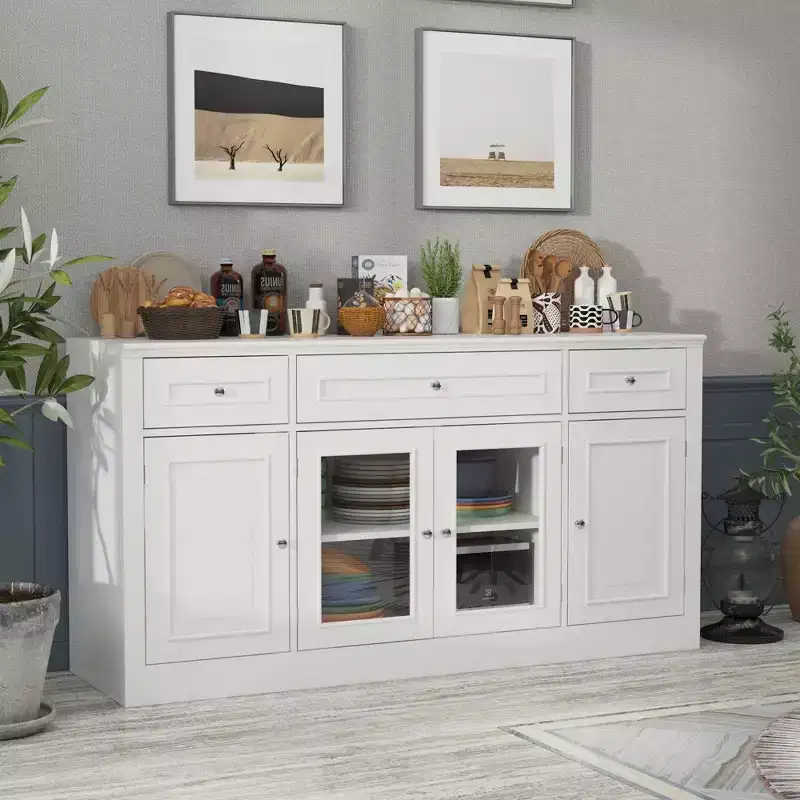 Dining Buffet Sideboard with 3 Drawers and 4 Glass Doors, Kitchen and Dining Room Pantry Cabinet