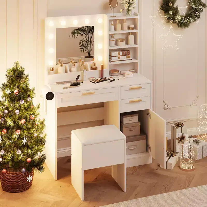 Vanity Desk with Mirror, Makeup Vanity Set with Chair, 3 Light Mode & Brightness Adjusted, Power Outlet, Bedroom Dressing Table with Hairdryer Holder