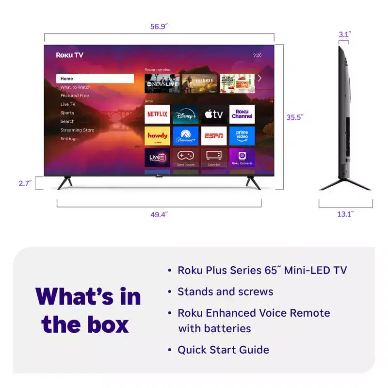 Roku 65R6C7 65 inch Class Plus Series 4K QLED Mini-LED Smart TV