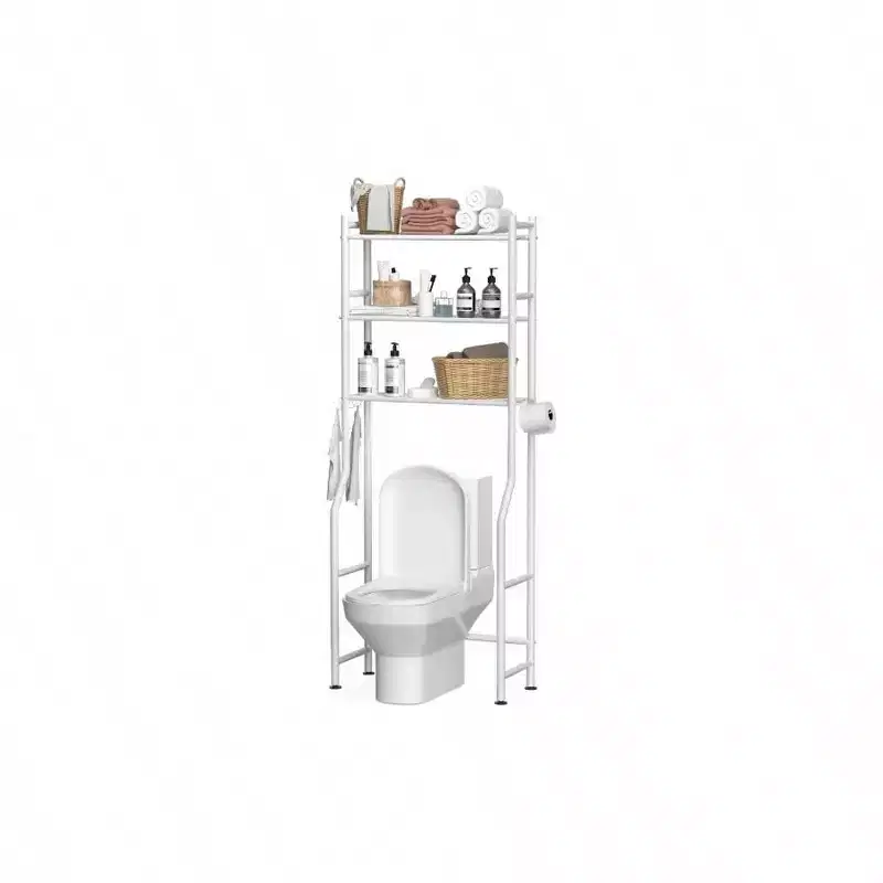 3 - Tier Over Toilet Storage Space Saver Metal Bathroom Shelves Freestanding Above Over Toilet Storage Shelf with 4 Hooks