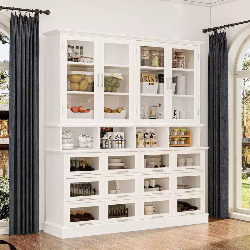 Multi-Functional Kitchen Cabinet & Pantry,Large - Capacity Food Storage Cabinet with Glass Doors,Easy Organization & Display for Home Kitchen