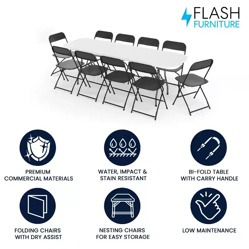 Flash Furniture Kathryn 8' Bi-Fold Granite White Plastic Event/Training Folding Table Set with 10 Folding Chairs