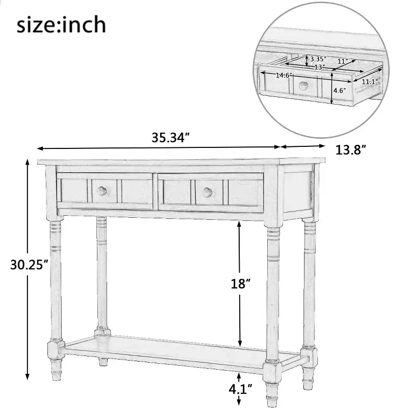 Farmhouse Console Table Sideboard Wooden Sofa Table with 2 Drawers and Bottom Shelf for Living Room