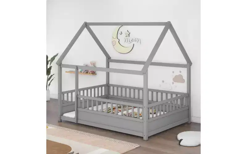 Full House Floor Bed Frame With Roof, Full Size Toddler Montessori Bed With Heighten Fence, for Kids, Boys and Girls, Easy Assembly, Grey