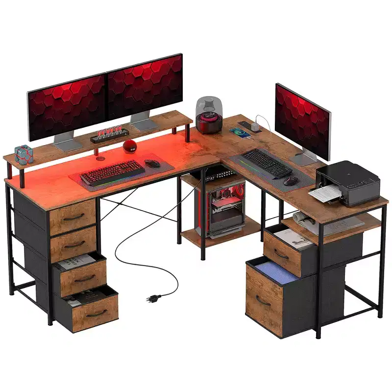 Reversible L Shaped Computer Desk 105.5 Inch Two Person Desk with Drawers RGB Lights and Power Outlets