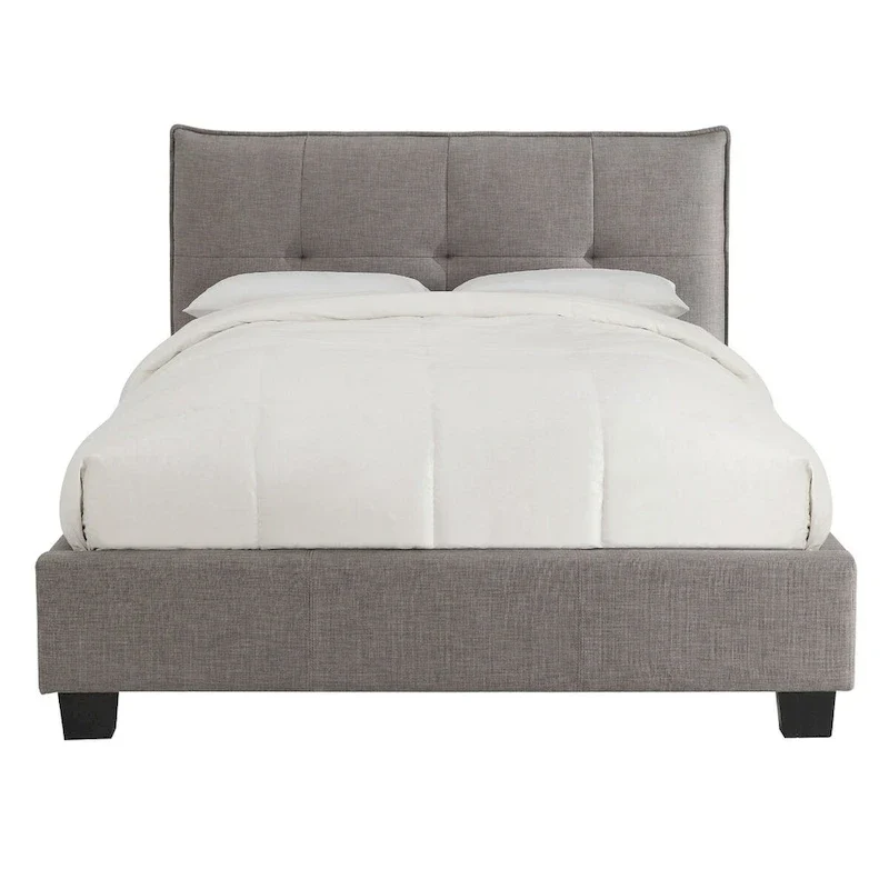 Low Profile King Bed with Storage, Tufted Linen Upholstery, Gray