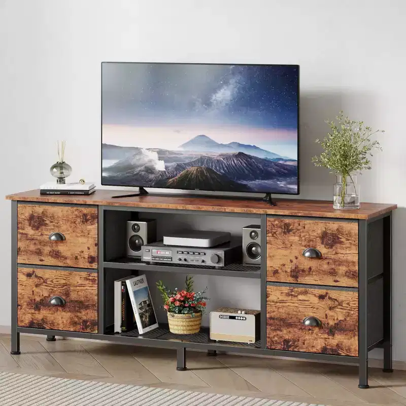 55 Inch Brown TV Stand Dresser for TVs up to 60 Inch 4 Drawers Media Console Entertainment Center Open Shelves Bedroom Living Room Storage
