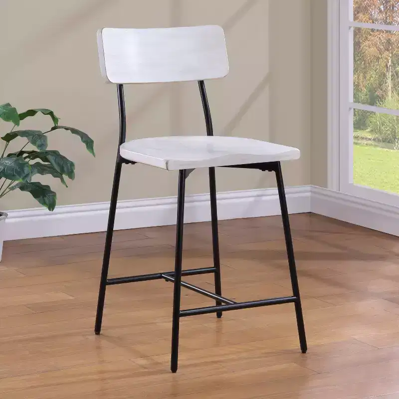 Counter Height Barstool – Whitewash, Saddle Seat, Curved Back, Metal Frame